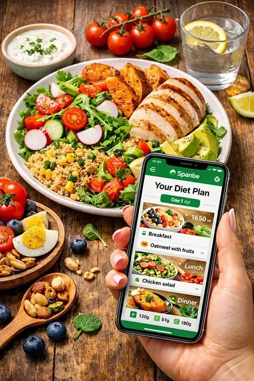 Spanbe diet plan on phone surrounded by healthy food